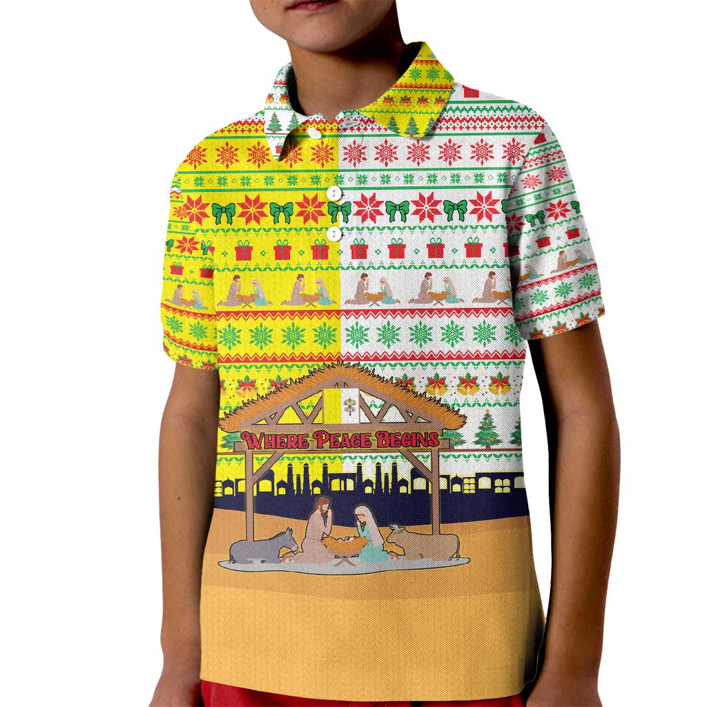 Vatican Christmas Kid Polo Shirt with Bethlehem Silhouette Yellow Red Green Pattern and Baby Jesus Manger - Wonder Print Shop