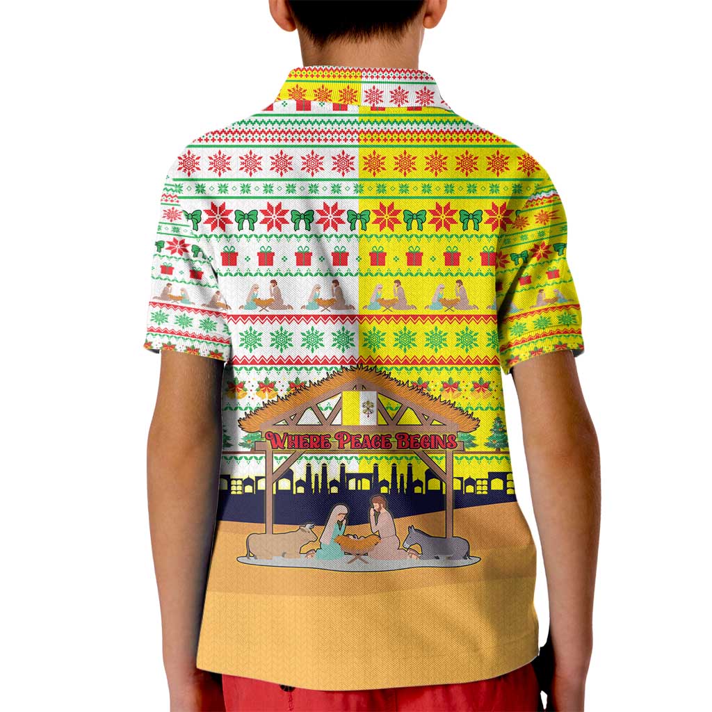 Vatican Christmas Kid Polo Shirt with Bethlehem Silhouette Yellow Red Green Pattern and Baby Jesus Manger - Wonder Print Shop