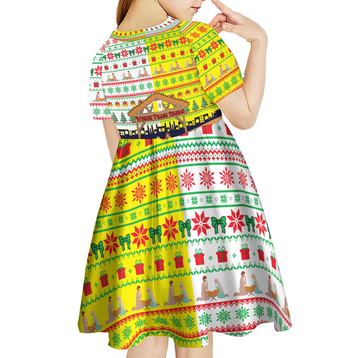 Vatican Christmas Kid Short Sleeve Dress with Bethlehem Silhouette Yellow Red Green Pattern and Baby Jesus Manger - Wonder Print Shop