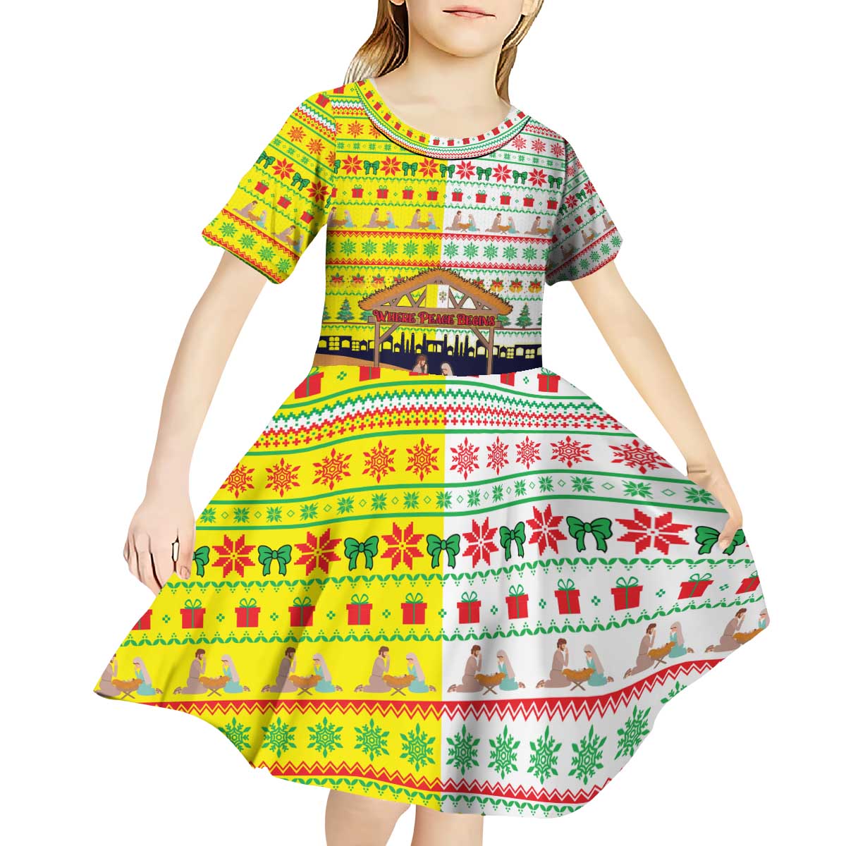 Vatican Christmas Kid Short Sleeve Dress with Bethlehem Silhouette Yellow Red Green Pattern and Baby Jesus Manger - Wonder Print Shop