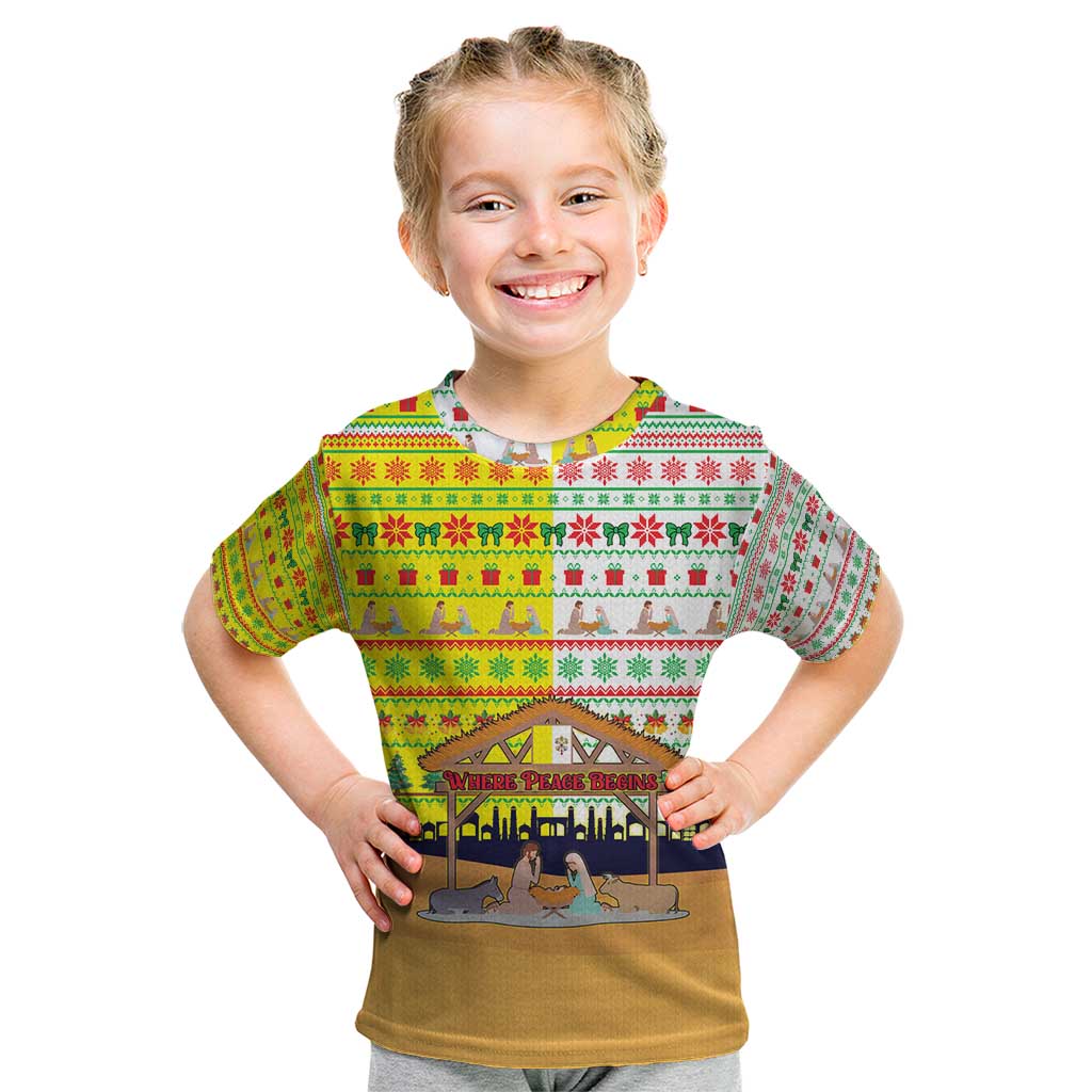 Vatican Christmas Kid T Shirt with Bethlehem Silhouette Yellow Red Green Pattern and Baby Jesus Manger - Wonder Print Shop
