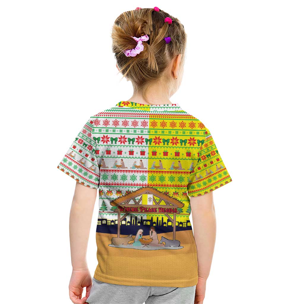 Vatican Christmas Kid T Shirt with Bethlehem Silhouette Yellow Red Green Pattern and Baby Jesus Manger - Wonder Print Shop