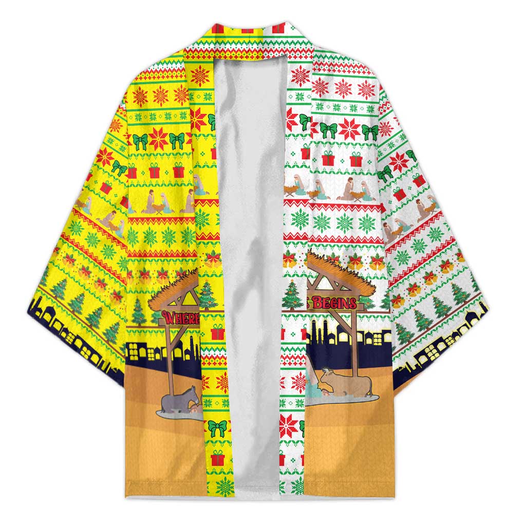 Vatican Christmas Kimono with Bethlehem Silhouette Yellow Red Green Pattern and Baby Jesus Manger - Wonder Print Shop