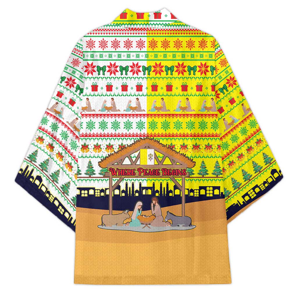 Vatican Christmas Kimono with Bethlehem Silhouette Yellow Red Green Pattern and Baby Jesus Manger - Wonder Print Shop