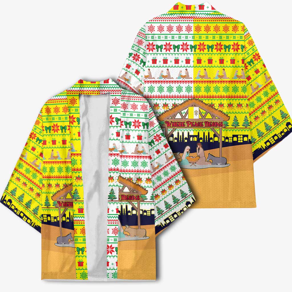 Vatican Christmas Kimono with Bethlehem Silhouette Yellow Red Green Pattern and Baby Jesus Manger - Wonder Print Shop