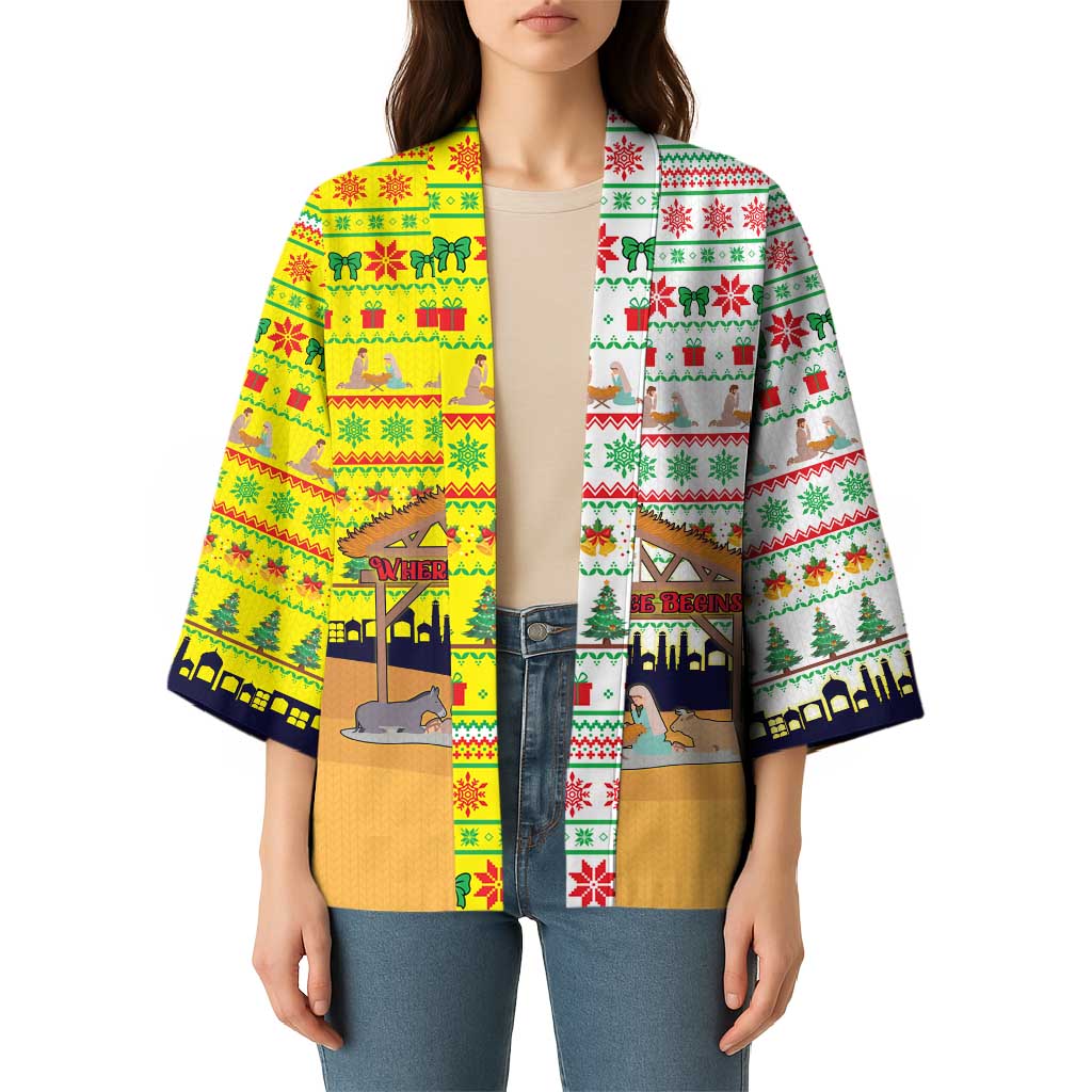 Vatican Christmas Kimono with Bethlehem Silhouette Yellow Red Green Pattern and Baby Jesus Manger - Wonder Print Shop