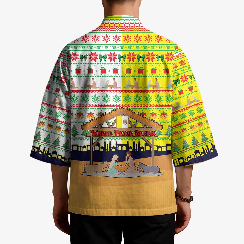 Vatican Christmas Kimono with Bethlehem Silhouette Yellow Red Green Pattern and Baby Jesus Manger - Wonder Print Shop