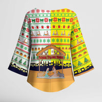 Vatican Christmas Kimono Sleeve Blouse with Bethlehem Silhouette Yellow Red Green Pattern and Baby Jesus Manger - Wonder Print Shop