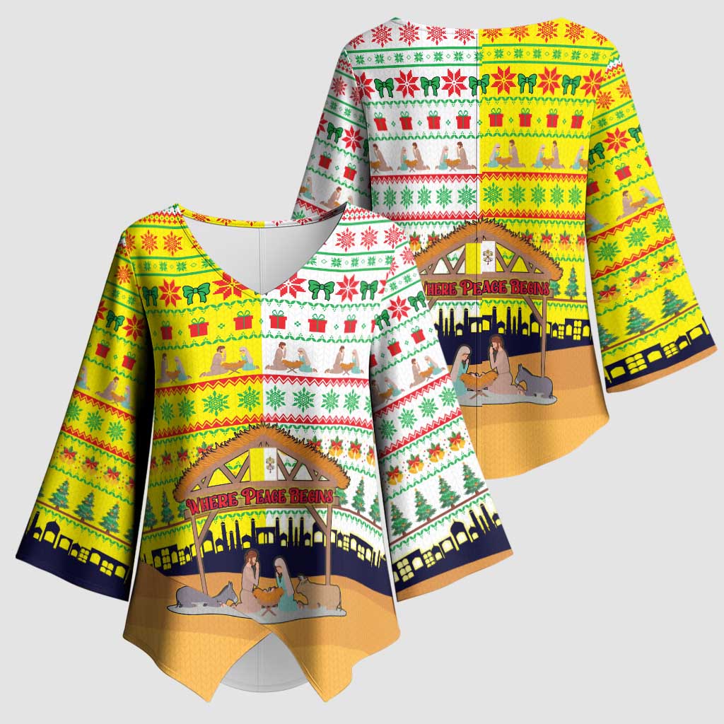 Vatican Christmas Kimono Sleeve Blouse with Bethlehem Silhouette Yellow Red Green Pattern and Baby Jesus Manger - Wonder Print Shop