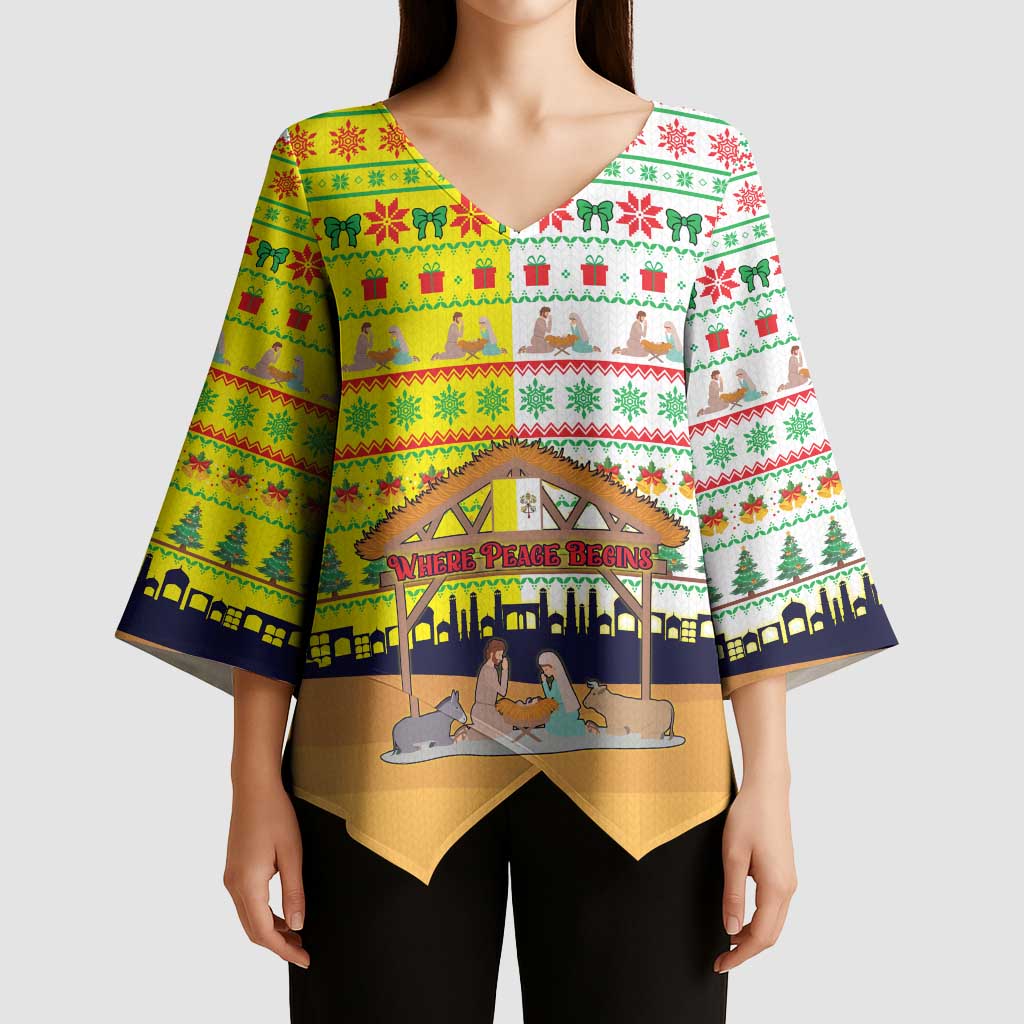 Vatican Christmas Kimono Sleeve Blouse with Bethlehem Silhouette Yellow Red Green Pattern and Baby Jesus Manger - Wonder Print Shop