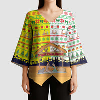 Vatican Christmas Kimono Sleeve Blouse with Bethlehem Silhouette Yellow Red Green Pattern and Baby Jesus Manger - Wonder Print Shop