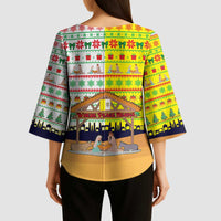Vatican Christmas Kimono Sleeve Blouse with Bethlehem Silhouette Yellow Red Green Pattern and Baby Jesus Manger - Wonder Print Shop