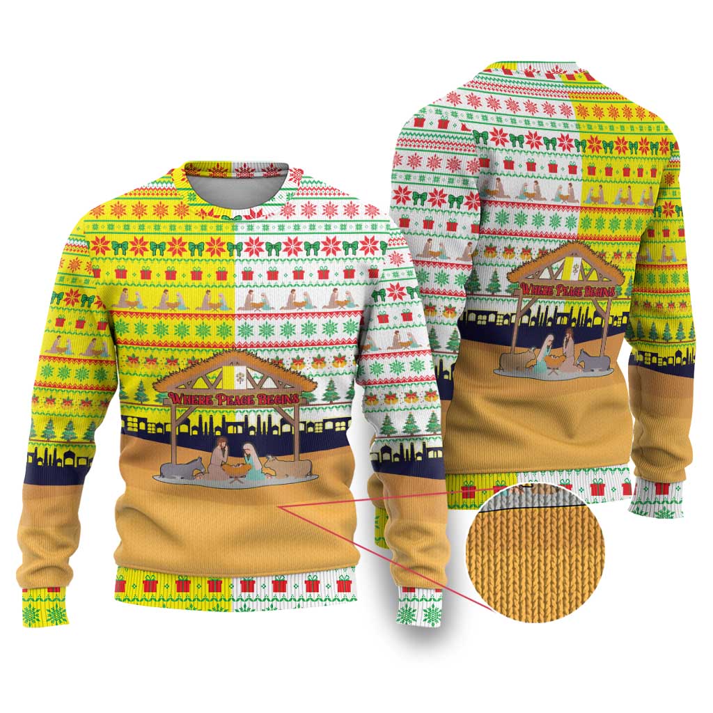 Vatican Christmas Ugly Christmas Sweater with Bethlehem Silhouette Yellow Red Green Pattern and Baby Jesus Manger - Wonder Print Shop