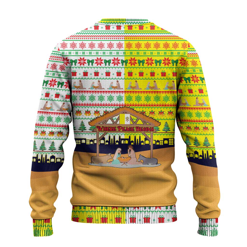 Vatican Christmas Ugly Christmas Sweater with Bethlehem Silhouette Yellow Red Green Pattern and Baby Jesus Manger - Wonder Print Shop
