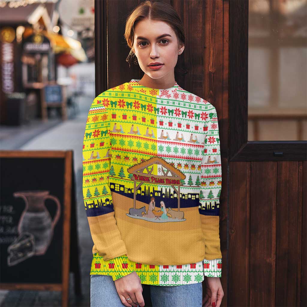 Vatican Christmas Ugly Christmas Sweater with Bethlehem Silhouette Yellow Red Green Pattern and Baby Jesus Manger - Wonder Print Shop