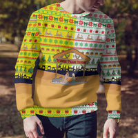 Vatican Christmas Ugly Christmas Sweater with Bethlehem Silhouette Yellow Red Green Pattern and Baby Jesus Manger - Wonder Print Shop