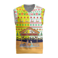 Vatican Christmas Knitted V-Neck Vest with Bethlehem Silhouette Yellow Red Green Pattern and Baby Jesus Manger - Wonder Print Shop