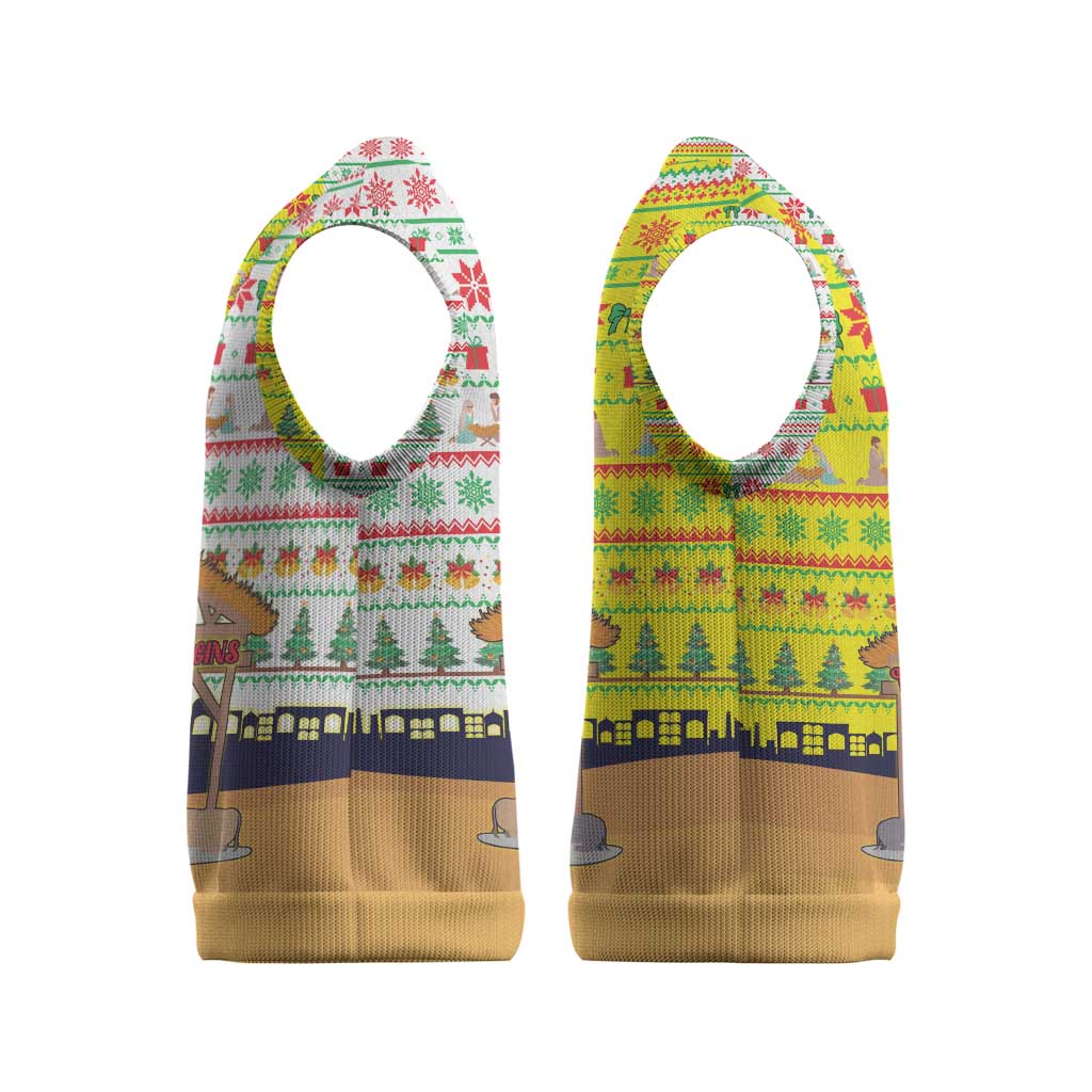 Vatican Christmas Knitted V-Neck Vest with Bethlehem Silhouette Yellow Red Green Pattern and Baby Jesus Manger - Wonder Print Shop