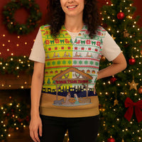 Vatican Christmas Knitted V-Neck Vest with Bethlehem Silhouette Yellow Red Green Pattern and Baby Jesus Manger - Wonder Print Shop