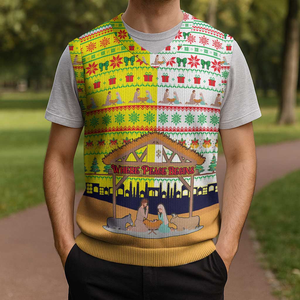 Vatican Christmas Knitted V-Neck Vest with Bethlehem Silhouette Yellow Red Green Pattern and Baby Jesus Manger - Wonder Print Shop