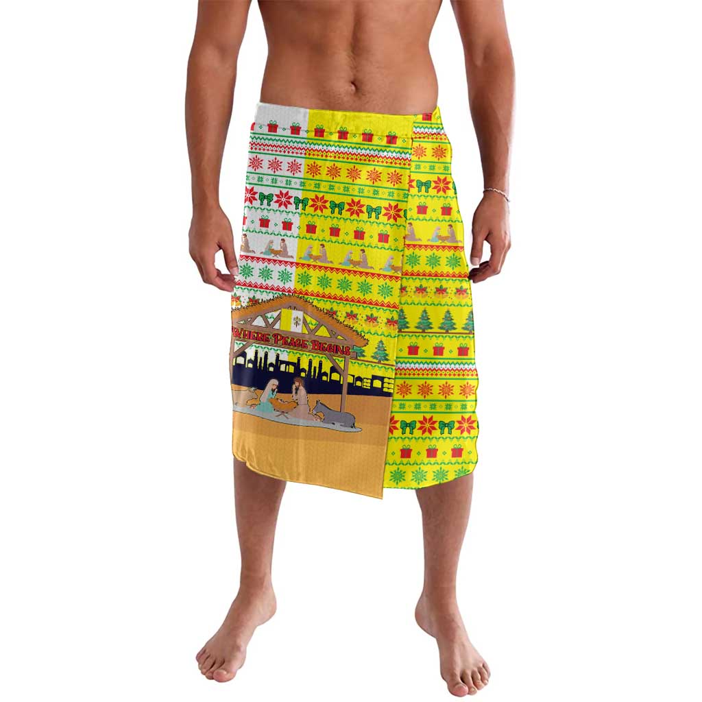 Vatican Christmas Lavalava with Bethlehem Silhouette Yellow Red Green Pattern and Baby Jesus Manger - Wonder Print Shop
