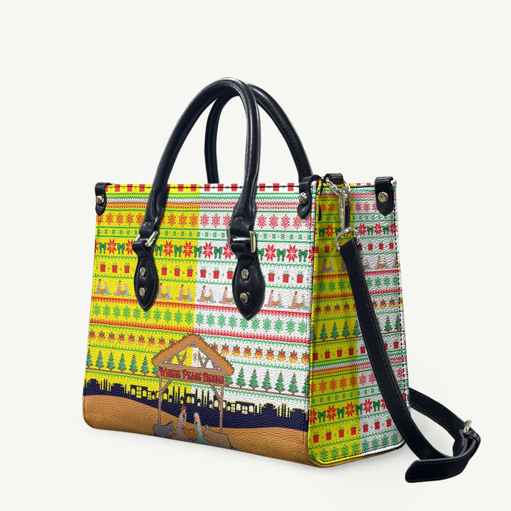 Vatican Christmas Leather Bag with Bethlehem Silhouette Yellow Red Green Pattern and Baby Jesus Manger - Wonder Print Shop
