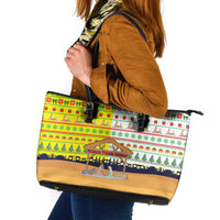 Vatican Christmas Leather Tote Bag with Bethlehem Silhouette Yellow Red Green Pattern and Baby Jesus Manger - Wonder Print Shop