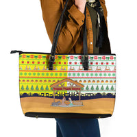 Vatican Christmas Leather Tote Bag with Bethlehem Silhouette Yellow Red Green Pattern and Baby Jesus Manger - Wonder Print Shop