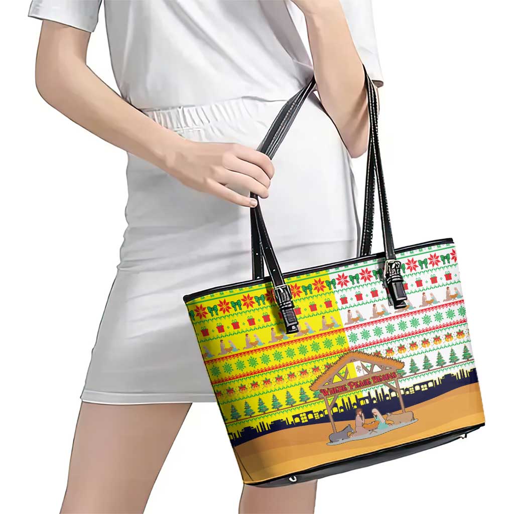 Vatican Christmas Leather Tote Bag with Bethlehem Silhouette Yellow Red Green Pattern and Baby Jesus Manger - Wonder Print Shop
