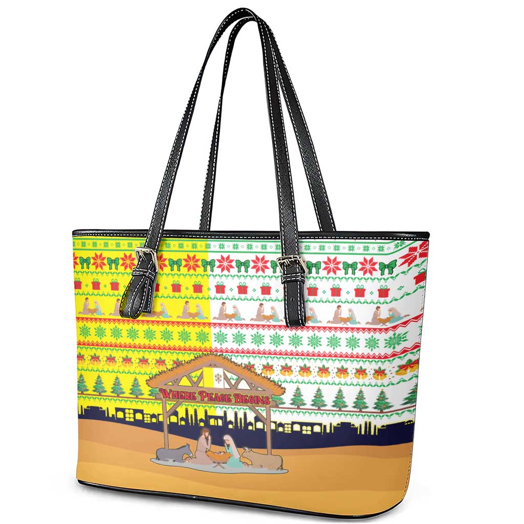 Vatican Christmas Leather Tote Bag with Bethlehem Silhouette Yellow Red Green Pattern and Baby Jesus Manger - Wonder Print Shop