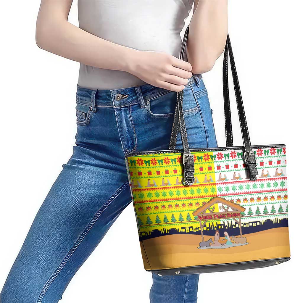 Vatican Christmas Leather Tote Bag with Bethlehem Silhouette Yellow Red Green Pattern and Baby Jesus Manger - Wonder Print Shop