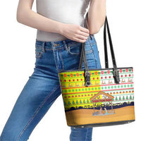 Vatican Christmas Leather Tote Bag with Bethlehem Silhouette Yellow Red Green Pattern and Baby Jesus Manger - Wonder Print Shop