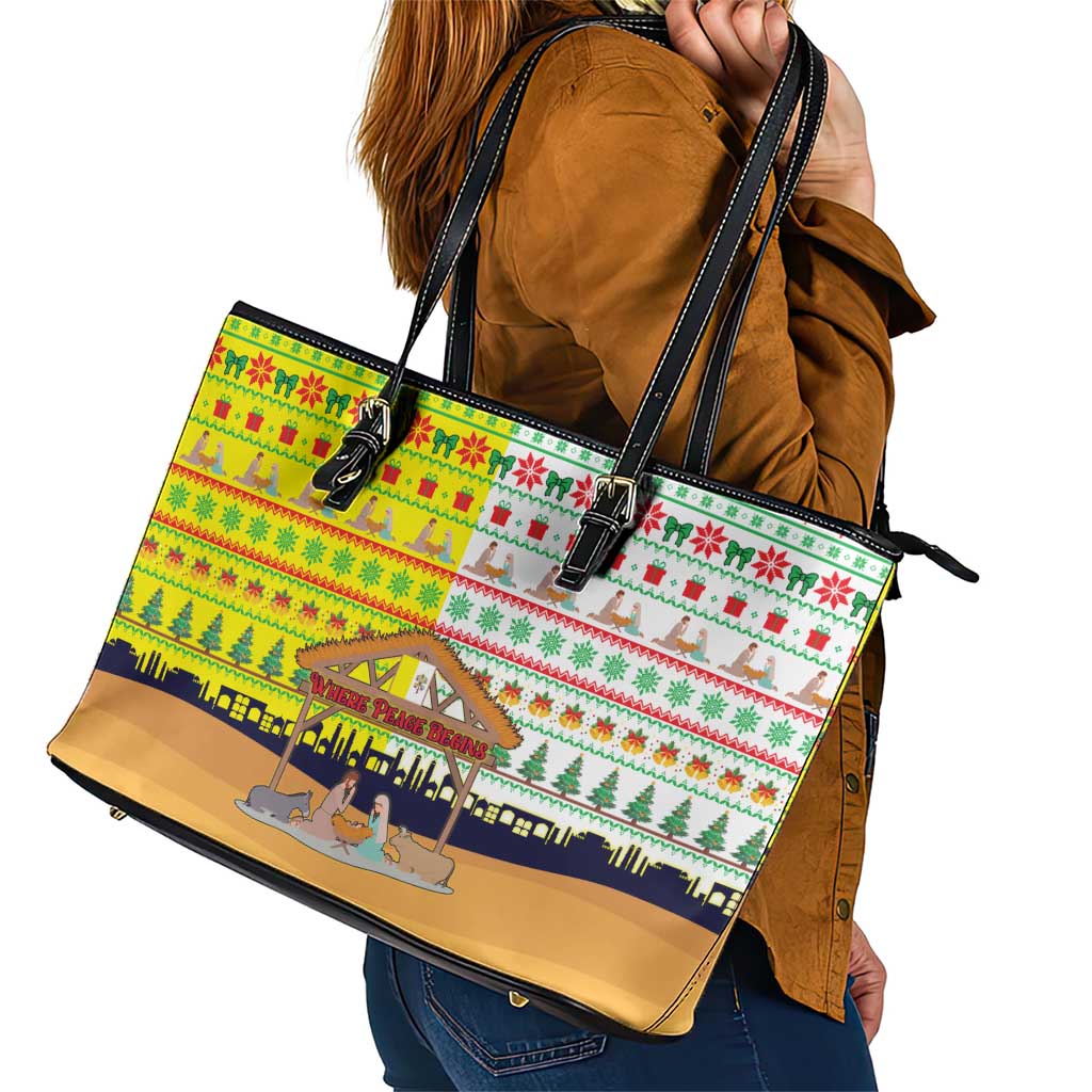 Vatican Christmas Leather Tote Bag with Bethlehem Silhouette Yellow Red Green Pattern and Baby Jesus Manger - Wonder Print Shop