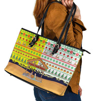 Vatican Christmas Leather Tote Bag with Bethlehem Silhouette Yellow Red Green Pattern and Baby Jesus Manger - Wonder Print Shop