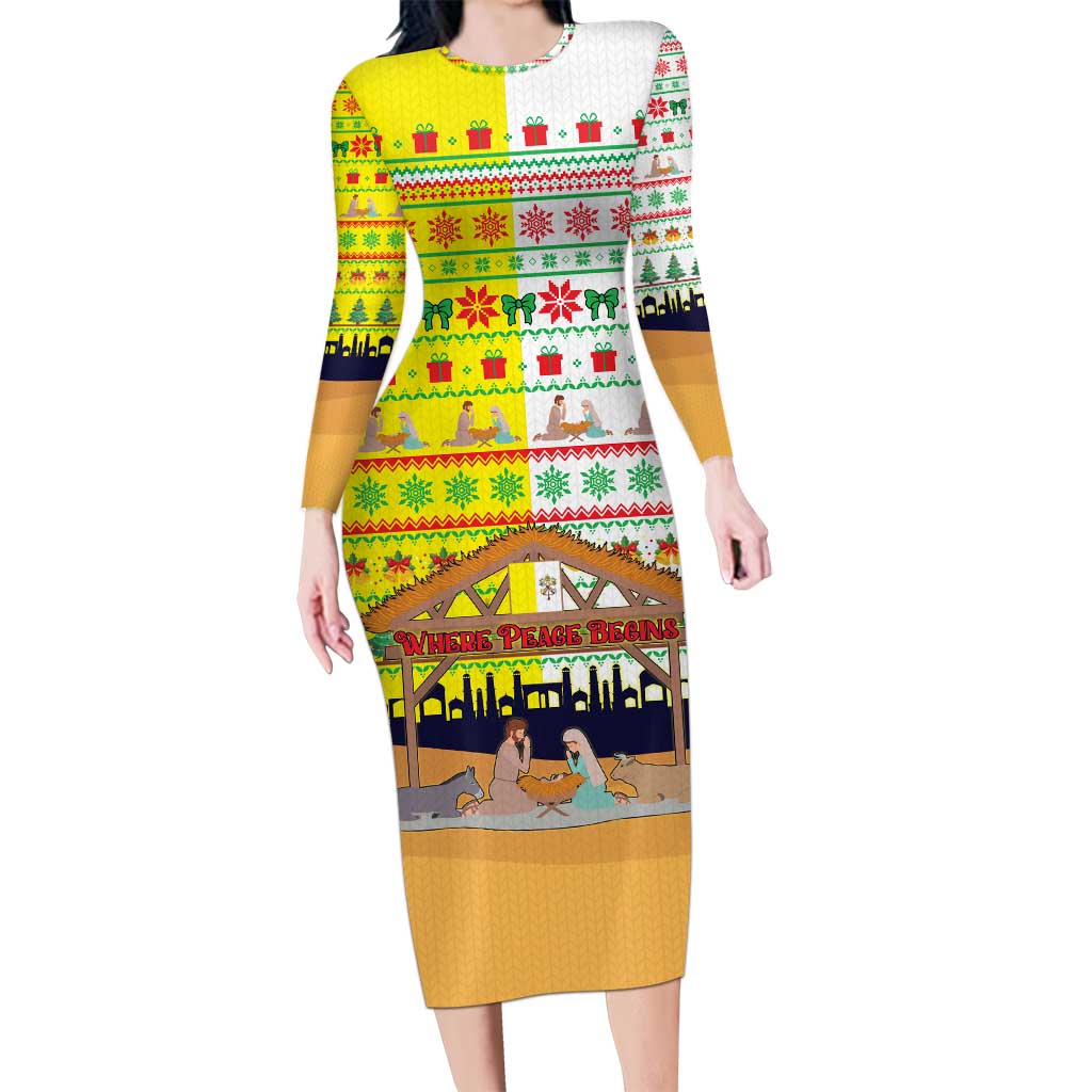 Vatican Christmas Long Sleeve Bodycon Dress with Bethlehem Silhouette Yellow Red Green Pattern and Baby Jesus Manger - Wonder Print Shop