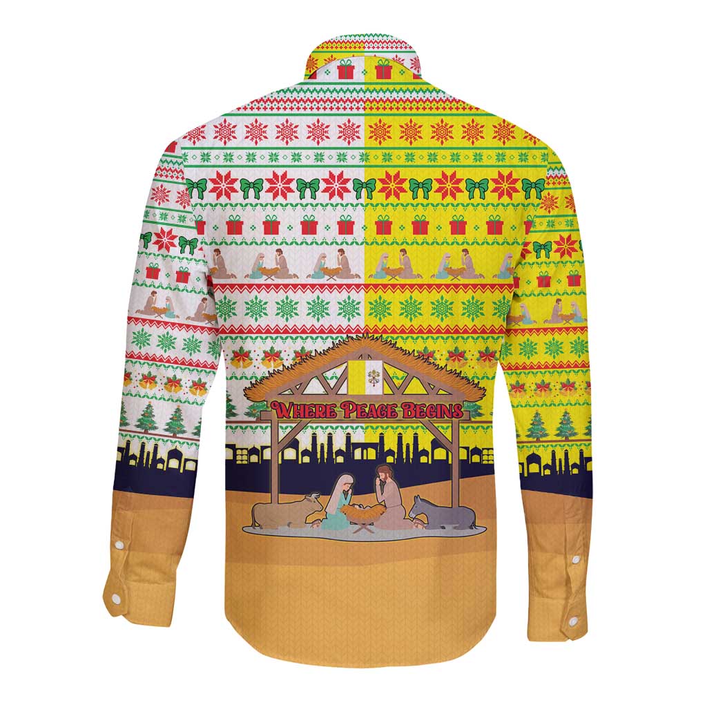 Vatican Christmas Long Sleeve Button Shirt with Bethlehem Silhouette Yellow Red Green Pattern and Baby Jesus Manger - Wonder Print Shop