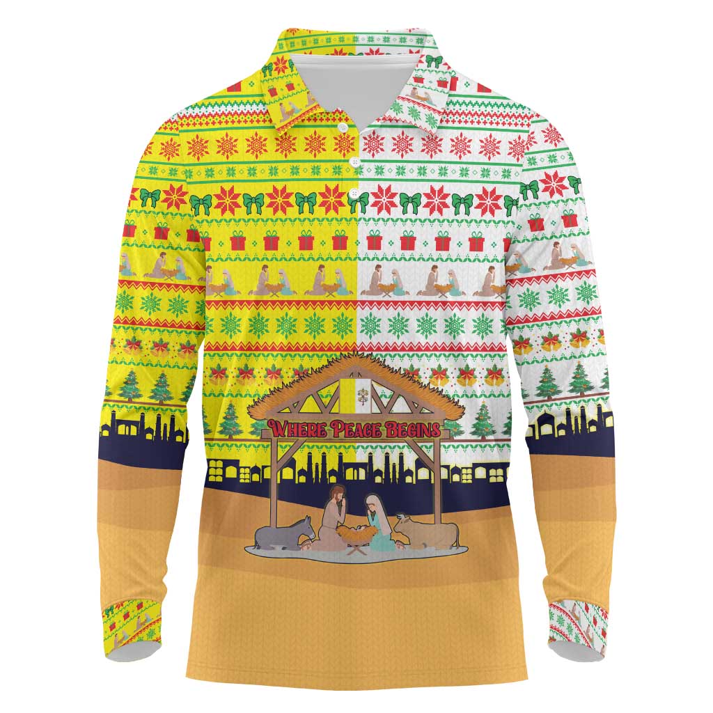 Vatican Christmas Long Sleeve Polo Shirt with Bethlehem Silhouette Yellow Red Green Pattern and Baby Jesus Manger - Wonder Print Shop