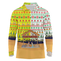 Vatican Christmas Long Sleeve Polo Shirt with Bethlehem Silhouette Yellow Red Green Pattern and Baby Jesus Manger - Wonder Print Shop