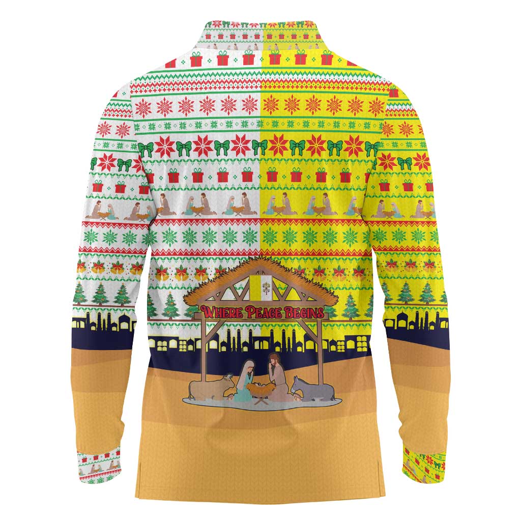 Vatican Christmas Long Sleeve Polo Shirt with Bethlehem Silhouette Yellow Red Green Pattern and Baby Jesus Manger - Wonder Print Shop