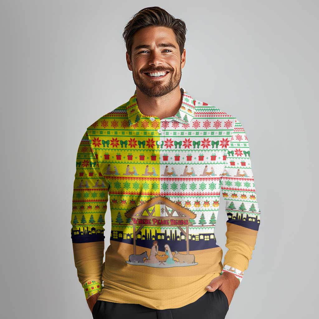 Vatican Christmas Long Sleeve Polo Shirt with Bethlehem Silhouette Yellow Red Green Pattern and Baby Jesus Manger - Wonder Print Shop