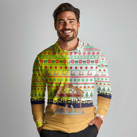 Vatican Christmas Long Sleeve Polo Shirt with Bethlehem Silhouette Yellow Red Green Pattern and Baby Jesus Manger - Wonder Print Shop