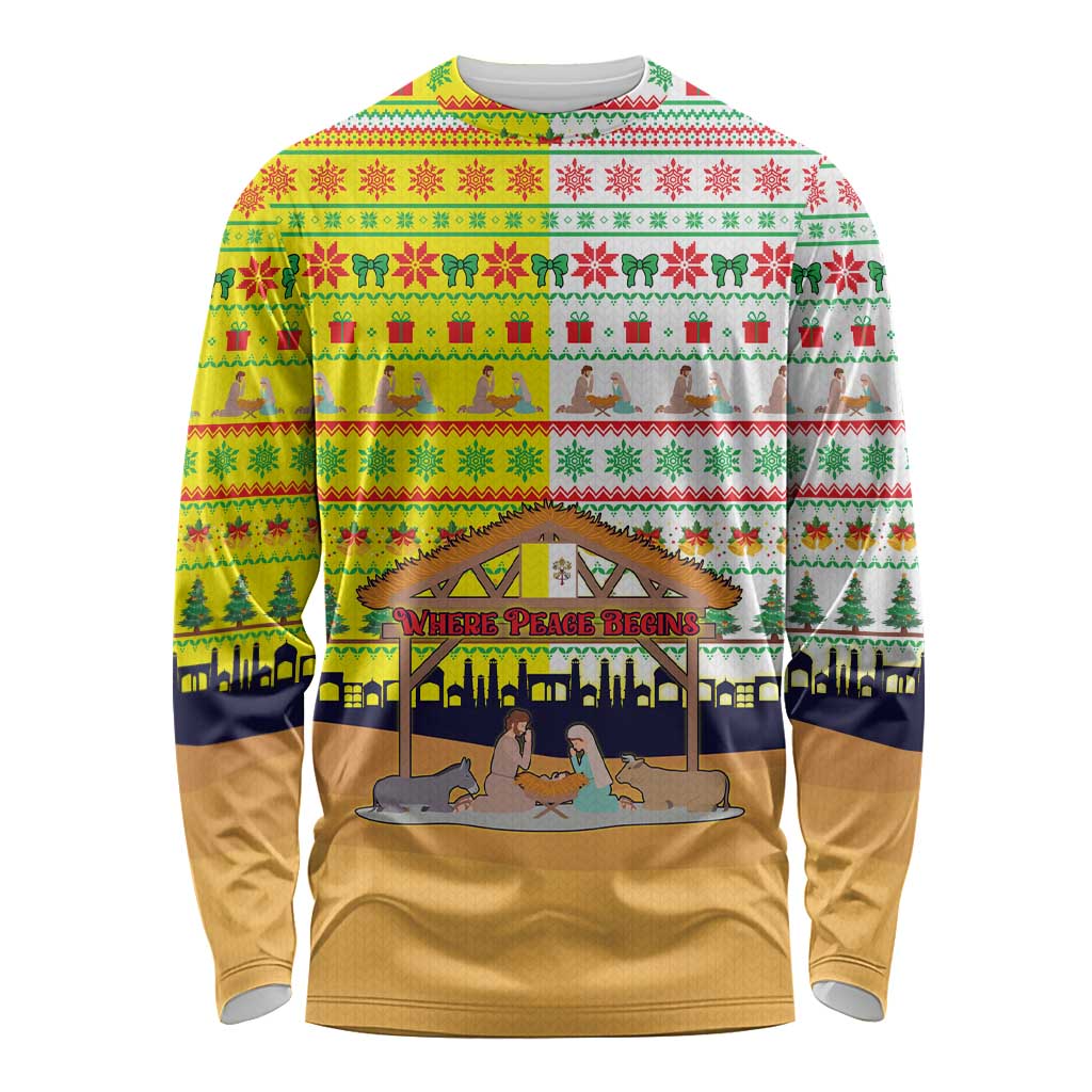 Vatican Christmas Long Sleeve Shirt with Bethlehem Silhouette Yellow Red Green Pattern and Baby Jesus Manger - Wonder Print Shop