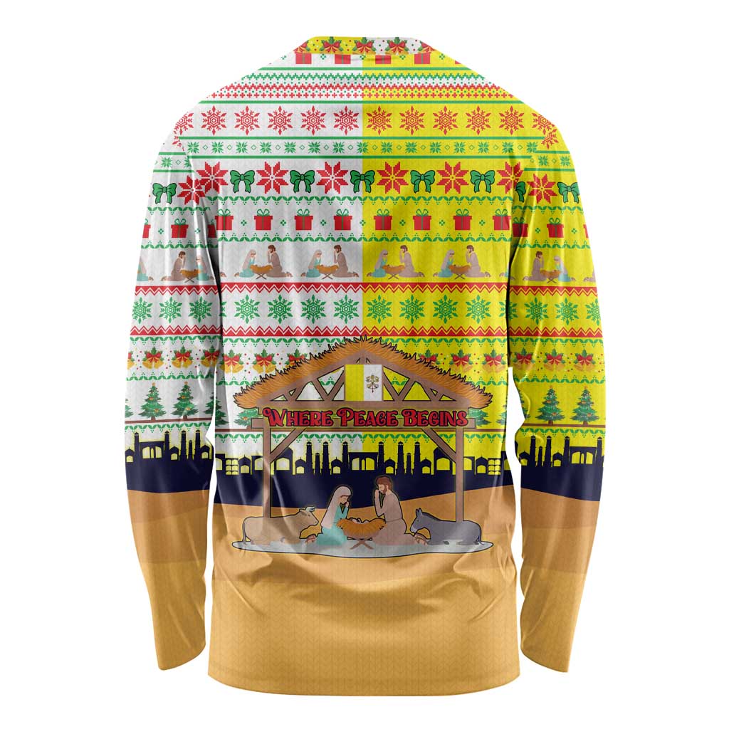Vatican Christmas Long Sleeve Shirt with Bethlehem Silhouette Yellow Red Green Pattern and Baby Jesus Manger - Wonder Print Shop