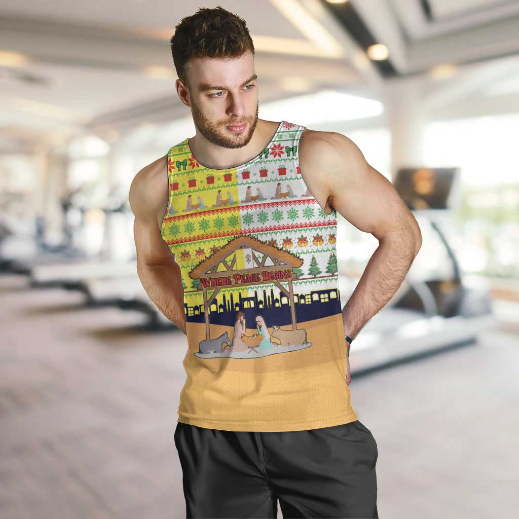 Vatican Christmas Men Tank Top with Bethlehem Silhouette Yellow Red Green Pattern and Baby Jesus Manger - Wonder Print Shop