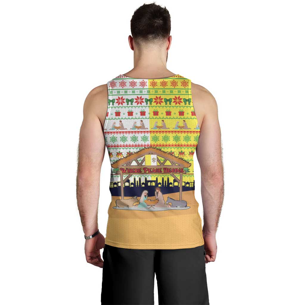 Vatican Christmas Men Tank Top with Bethlehem Silhouette Yellow Red Green Pattern and Baby Jesus Manger - Wonder Print Shop