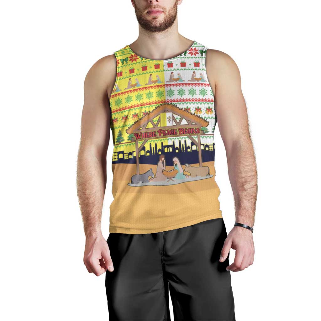 Vatican Christmas Men Tank Top with Bethlehem Silhouette Yellow Red Green Pattern and Baby Jesus Manger - Wonder Print Shop