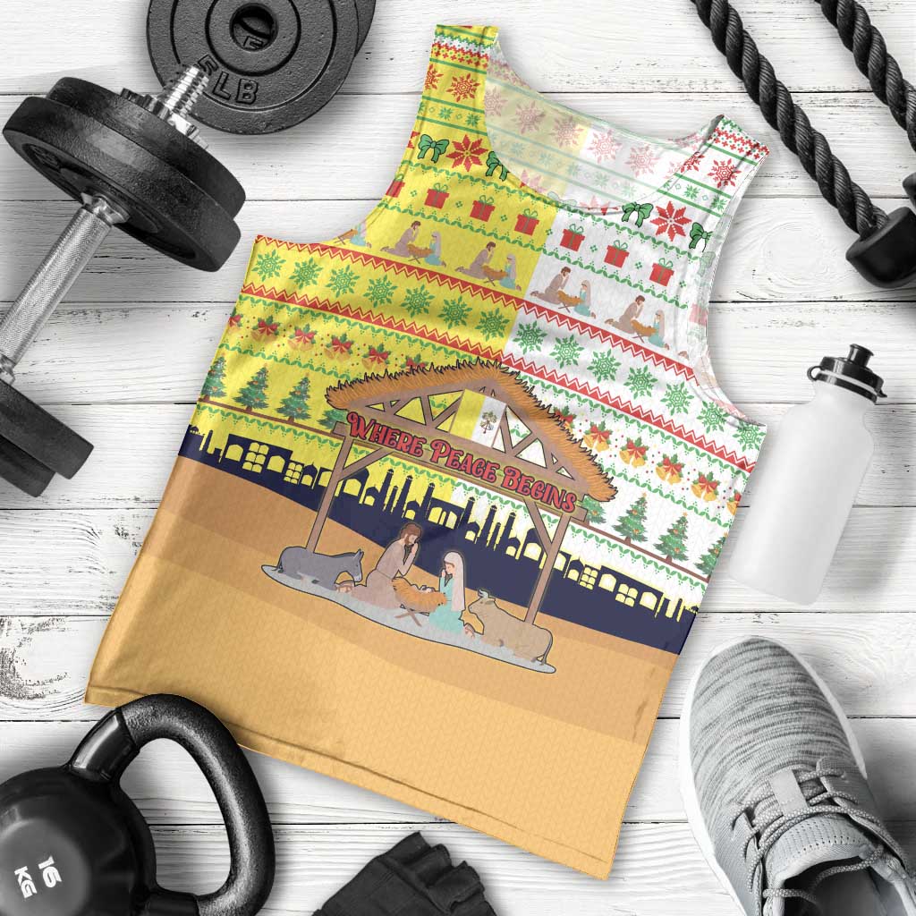 Vatican Christmas Men Tank Top with Bethlehem Silhouette Yellow Red Green Pattern and Baby Jesus Manger - Wonder Print Shop