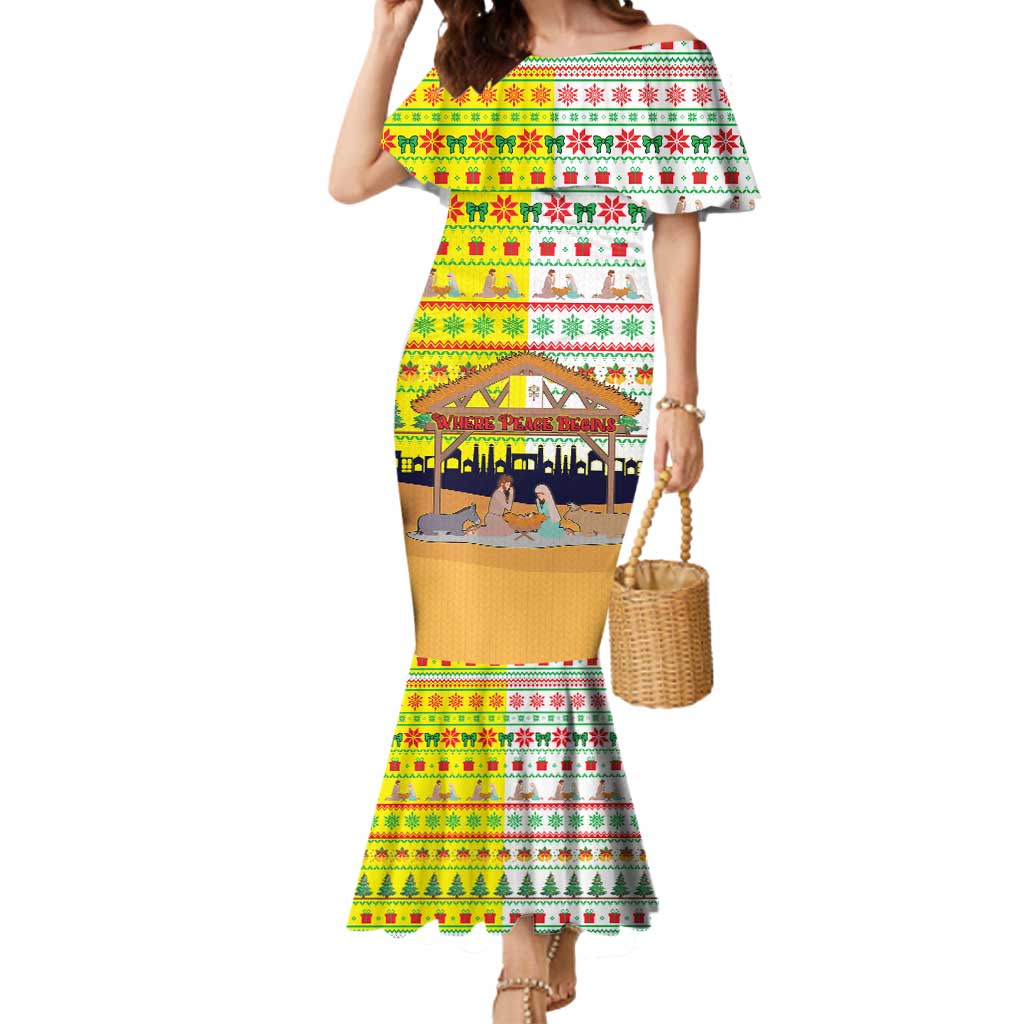 Vatican Christmas Mermaid Dress with Bethlehem Silhouette Yellow Red Green Pattern and Baby Jesus Manger - Wonder Print Shop