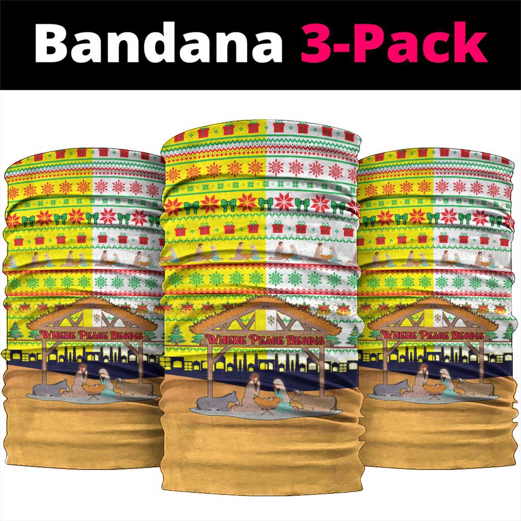 Vatican Christmas Neck Gaiter with Bethlehem Silhouette Yellow Red Green Pattern and Baby Jesus Manger - Wonder Print Shop