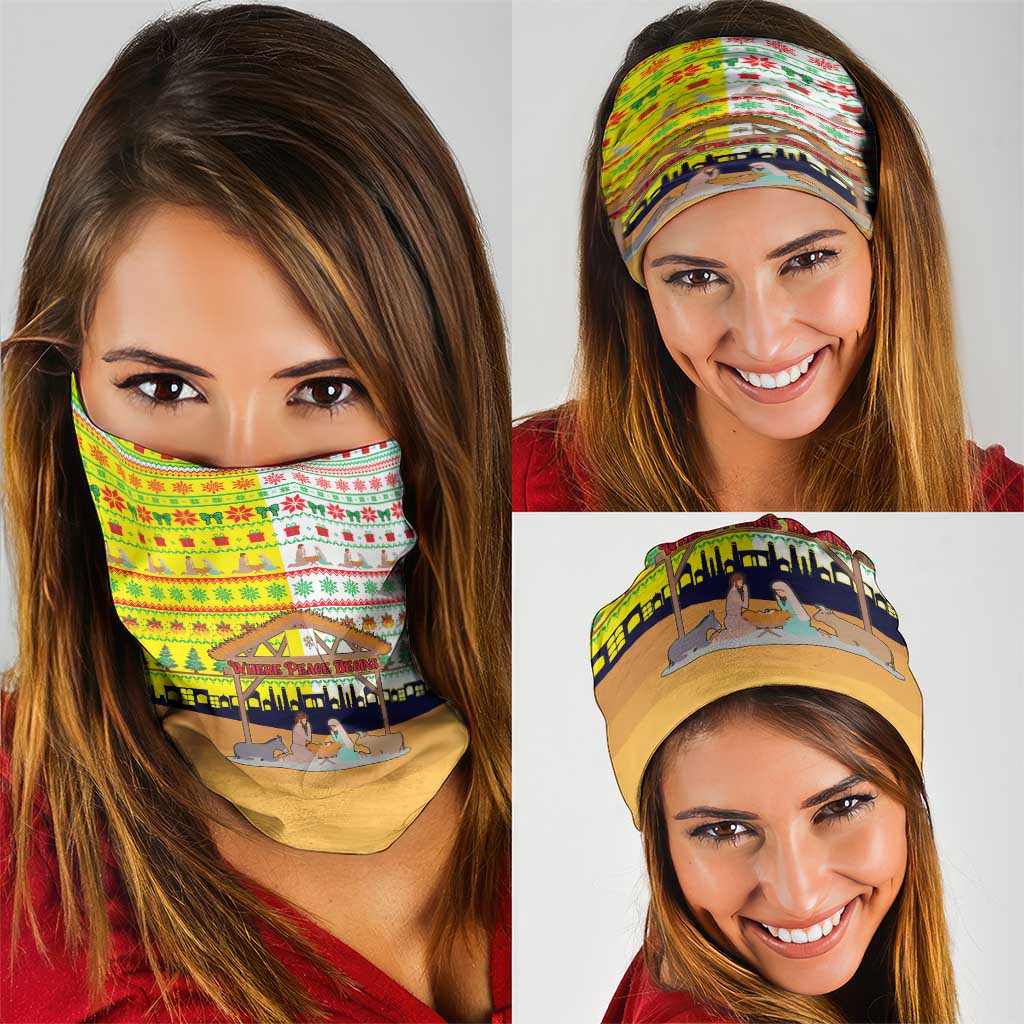 Vatican Christmas Neck Gaiter with Bethlehem Silhouette Yellow Red Green Pattern and Baby Jesus Manger - Wonder Print Shop